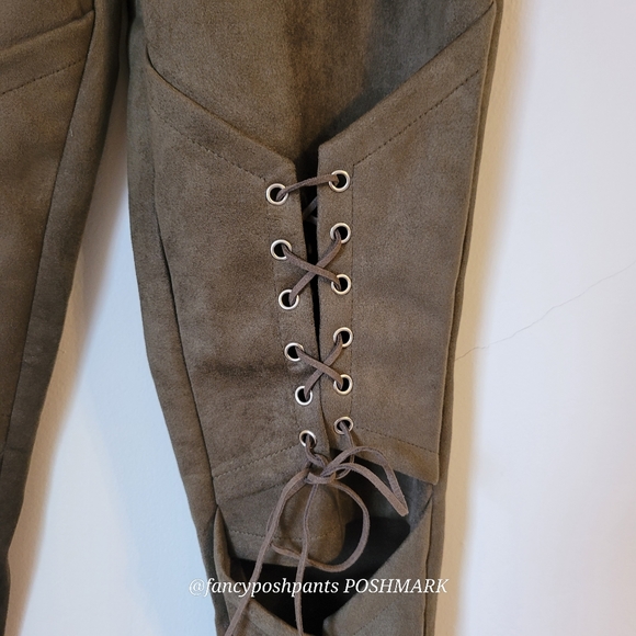 Cotton blend brushed legging pants hidden zipper coset gromet sage green vegan - Picture 10 of 17